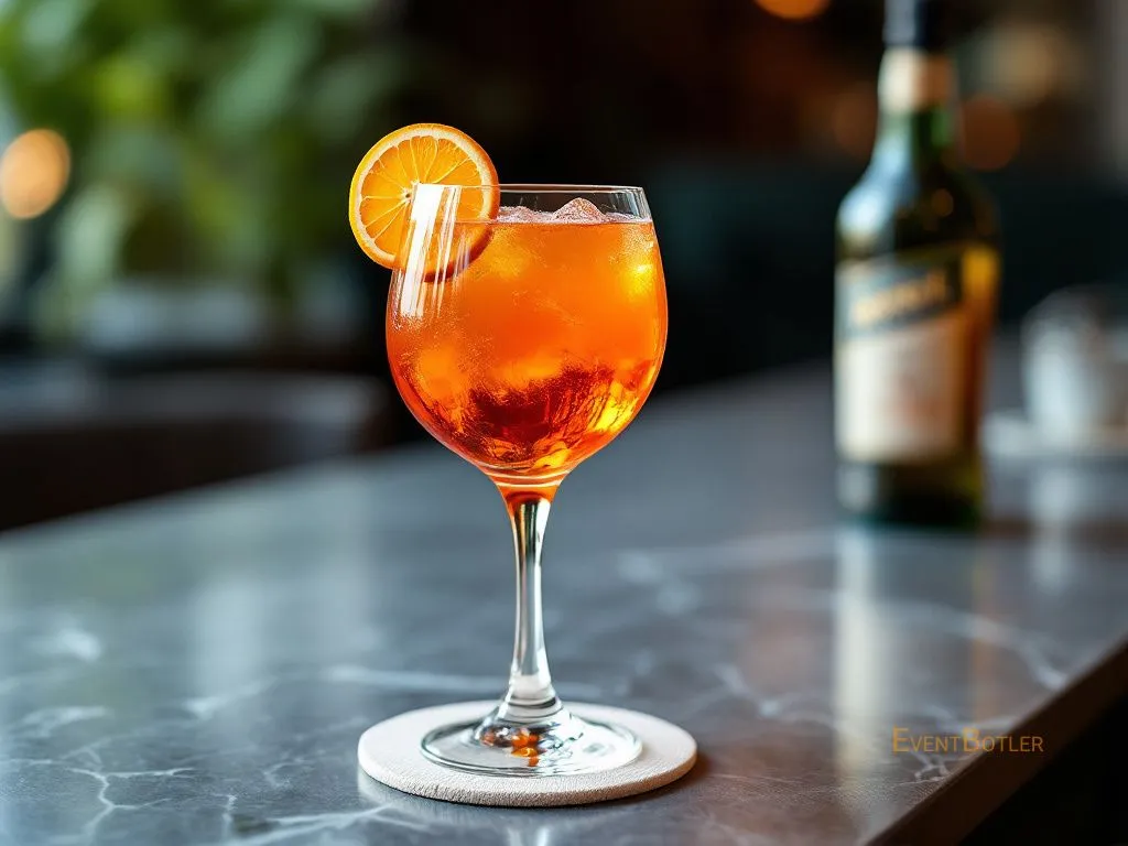 Un cóctel espumoso de naranja, que combina Aperol, prosecco y agua con gas, ideal para aperitivos soleados.