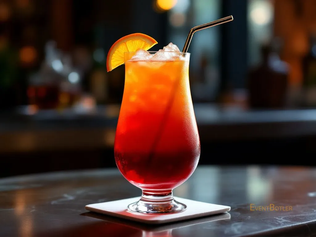 A colorful, fruity cocktail with tequila, orange and grenadine, evoking an exotic sunrise.